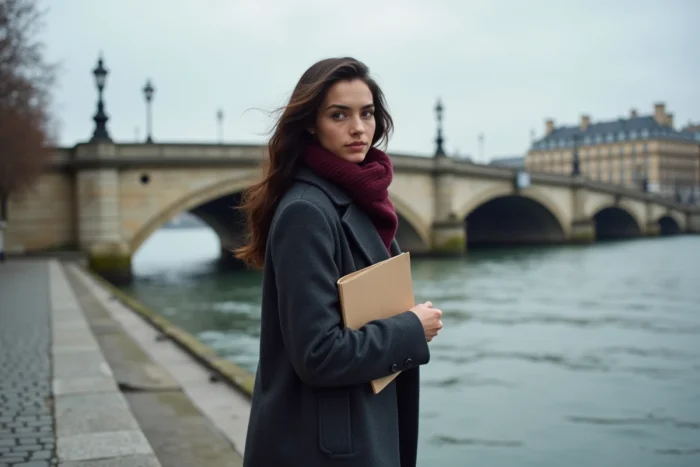 Actrice émergente du cinéma français marchant sur les quais de la Seine à Paris par temps couvert