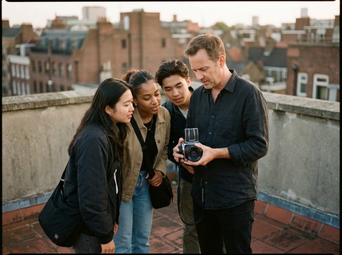 Étudiants en photographie recevant les conseils d'un mentor professionnel lors d'une session critique en extérieur