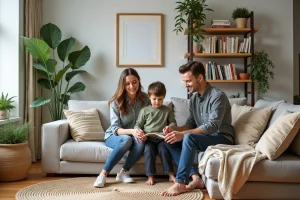 Famille dans un salon scandinave organisé et chaleureux