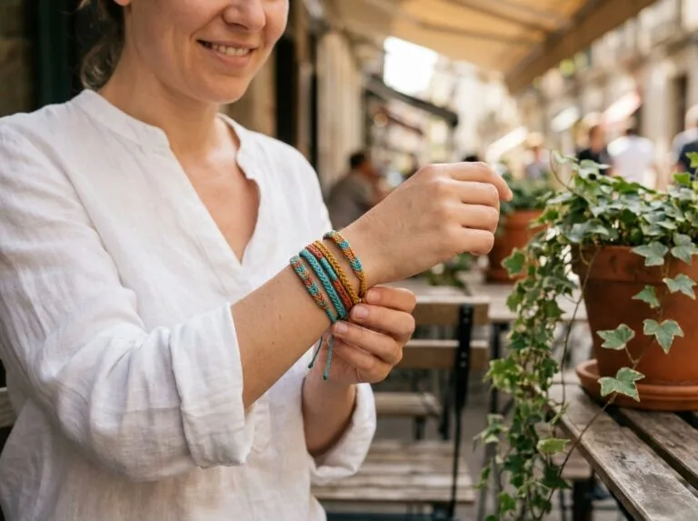 Femme portant des bracelets en cordon colorés empilés au poignet dans un café en terrasse