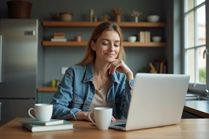 Femme en denim regarde son ordinateur pour suivre un cours en ligne