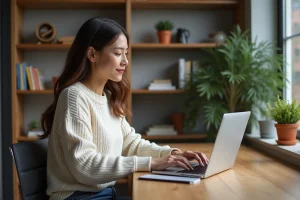 Jeune femme au bureau à domicile avec ordinateur portable