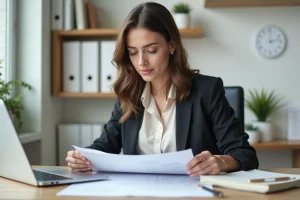 Femme au bureau vérifiant des documents importants
