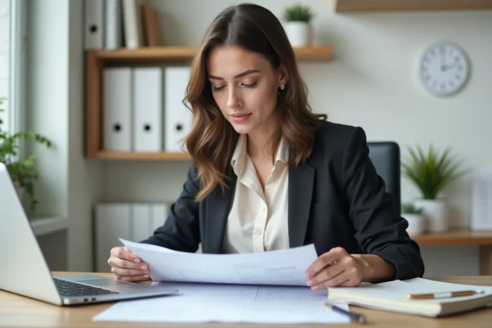 Femme au bureau vérifiant des documents importants