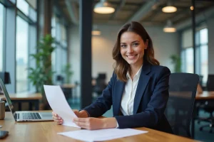 Femme en blazer navy dans un espace de coworking moderne