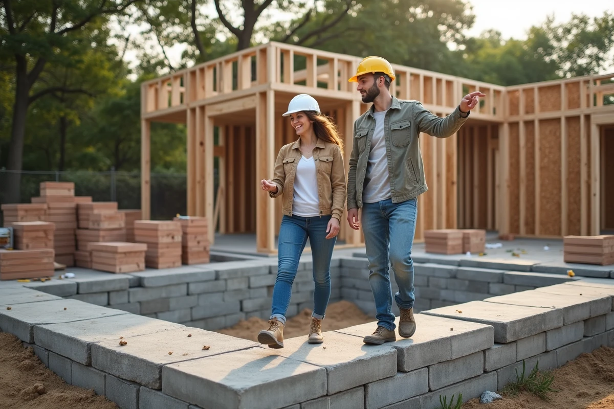 Jeune femme avec casque sur site de construction en discussion
