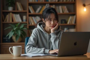 Jeune femme frustrée devant son ordinateur portable cherchant une alternative à Epsilon Scans pour lire des mangas en ligne