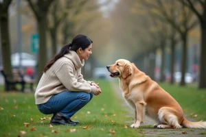 Femme avec chien dans un parc urbain en plein air