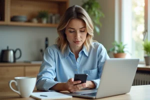 Femme en cuisine configure webmail sur smartphone
