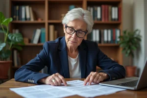 Femme mature consultant des documents d'assurance vie à son bureau pour comprendre les règles de retrait