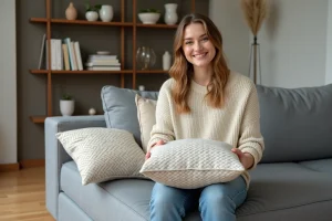 Femme souriante arrangeant coussins dans un salon cosy