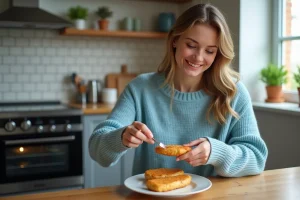 Femme souriante préparant un cordon bleu dans la cuisine