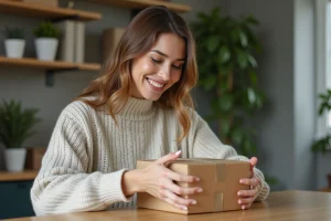 Femme souriante déballant un colis dans un intérieur cosy