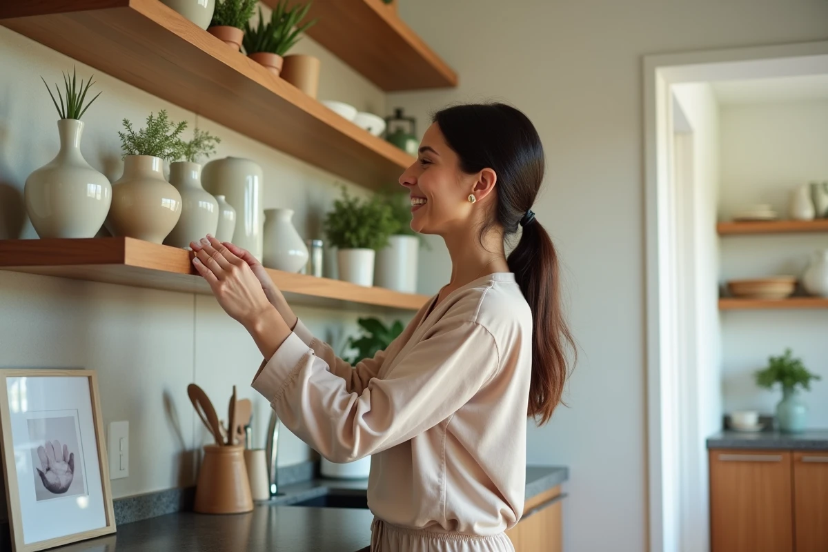 Femme posant des vases en cuisine lumineuse
