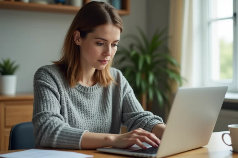 Femme remplissant une demande de prêt en ligne sur un ordinateur portable dans un bureau à domicile moderne