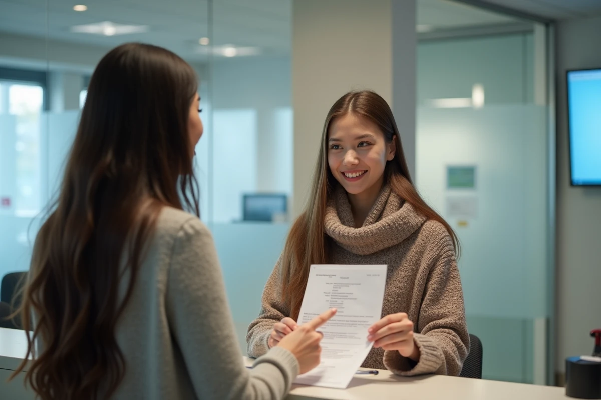 Femme étudiante remettant un document à la réception