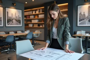 Femme d affaires française examinant des plans architecturaux