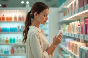 Femme lisant l'étiquette d'un produit cosmétique en rayon pour vérifier s'il est cruelty free