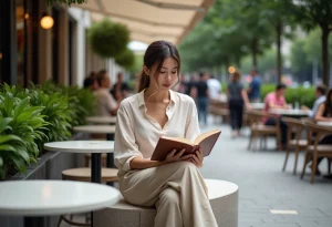 Femme élégante lisant dans un café urbain moderne