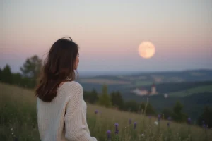 Femme contemplant la lune rose au printemps sur une colline