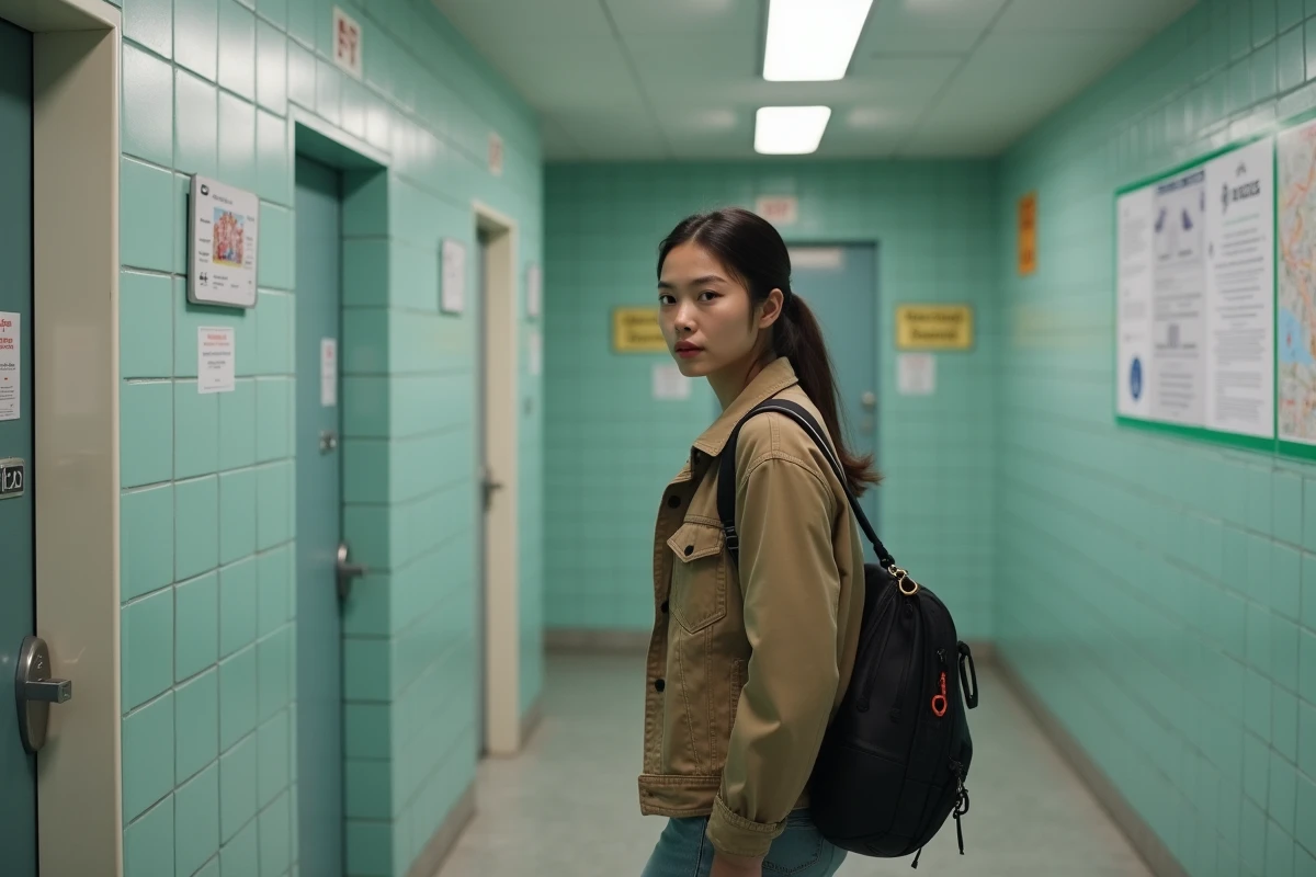 Jeune femme curieuse dans un centre communautaire avec douche municipale