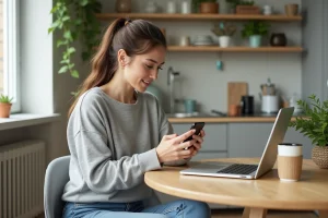 Femme vérifiant ses notifications sur smartphone dans une cuisine lumineuse