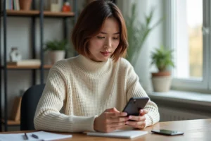Femme assise à un bureau moderne utilisant son smartphone