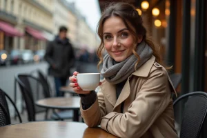 Femme élégante buvant un café à Paris en trench