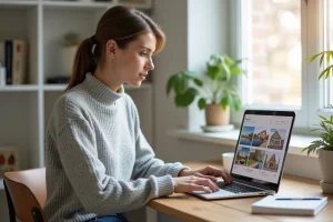 Femme consultant un portail immobilier en ligne sur son ordinateur portable depuis son bureau à domicile