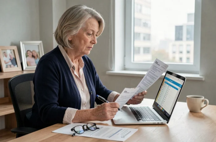 Femme retraitée consultant sa déclaration d'impôts en ligne sur un ordinateur portable dans un bureau à domicile, représentant l'abattement fiscal réservé aux retraités
