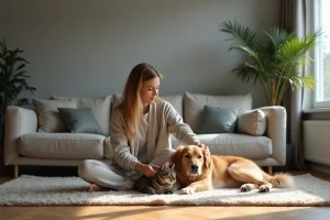Femme assise avec chien et chat dans un salon moderne