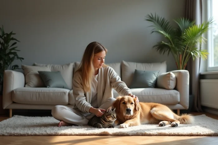 Femme assise avec chien et chat dans un salon moderne