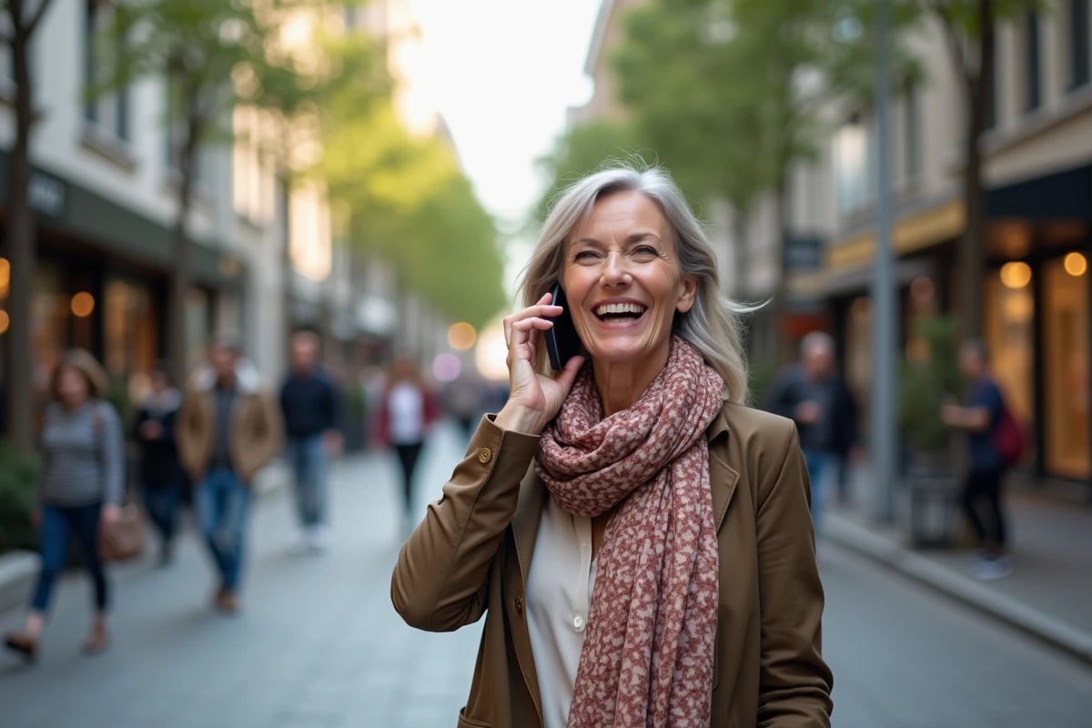 Femme souriante parlant au téléphone dans la rue urbaine