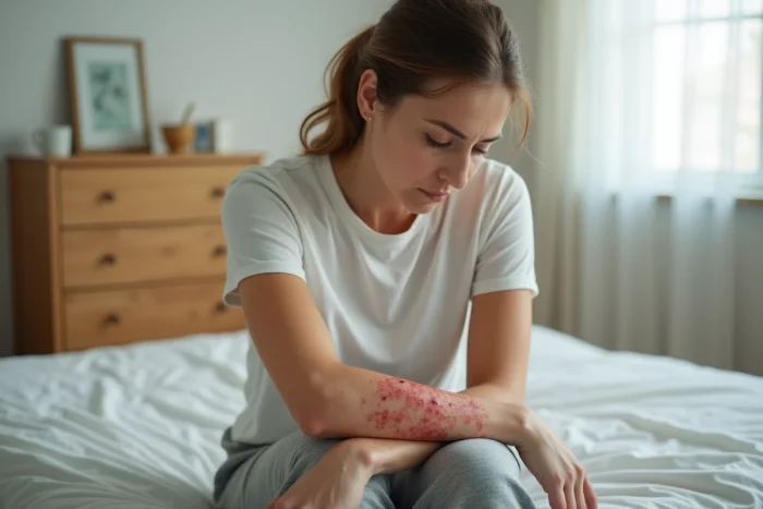 Femme examinant une éruption cutanée sur ses bras