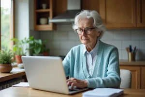 Femme senior lisant sur son ordinateur dans une cuisine chaleureuse