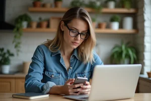 Femme en denim regardant son smartphone dans une cuisine