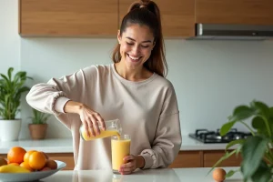 Femme souriante verse un smoothie dans un verre dans une cuisine lumineuse