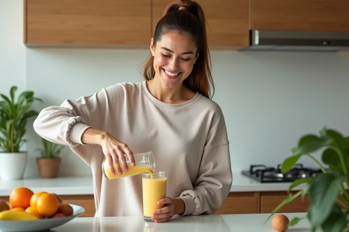 Femme souriante verse un smoothie dans un verre dans une cuisine lumineuse