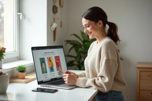Femme consultant les soldes Zalando sur un ordinateur portable depuis son bureau à domicile