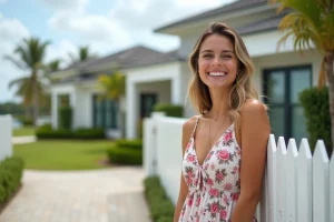 Femme souriante en robe fleurie dans un quartier résidentiel