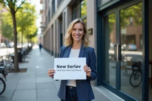 Femme souriante en blazer bleu tenant un panneau avec la nouvelle adresse Sorlav devant un bâtiment moderne