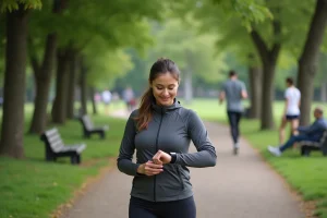 Femme en tenue sportive dans un parc vérdois vérifiant sa montre connectée