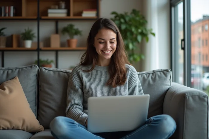 Jeune femme détendue regardant un film dans un salon cosy