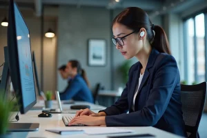 Femme professionnelle utilisant un écran IA intelligent dans un bureau tech moderne en 2024