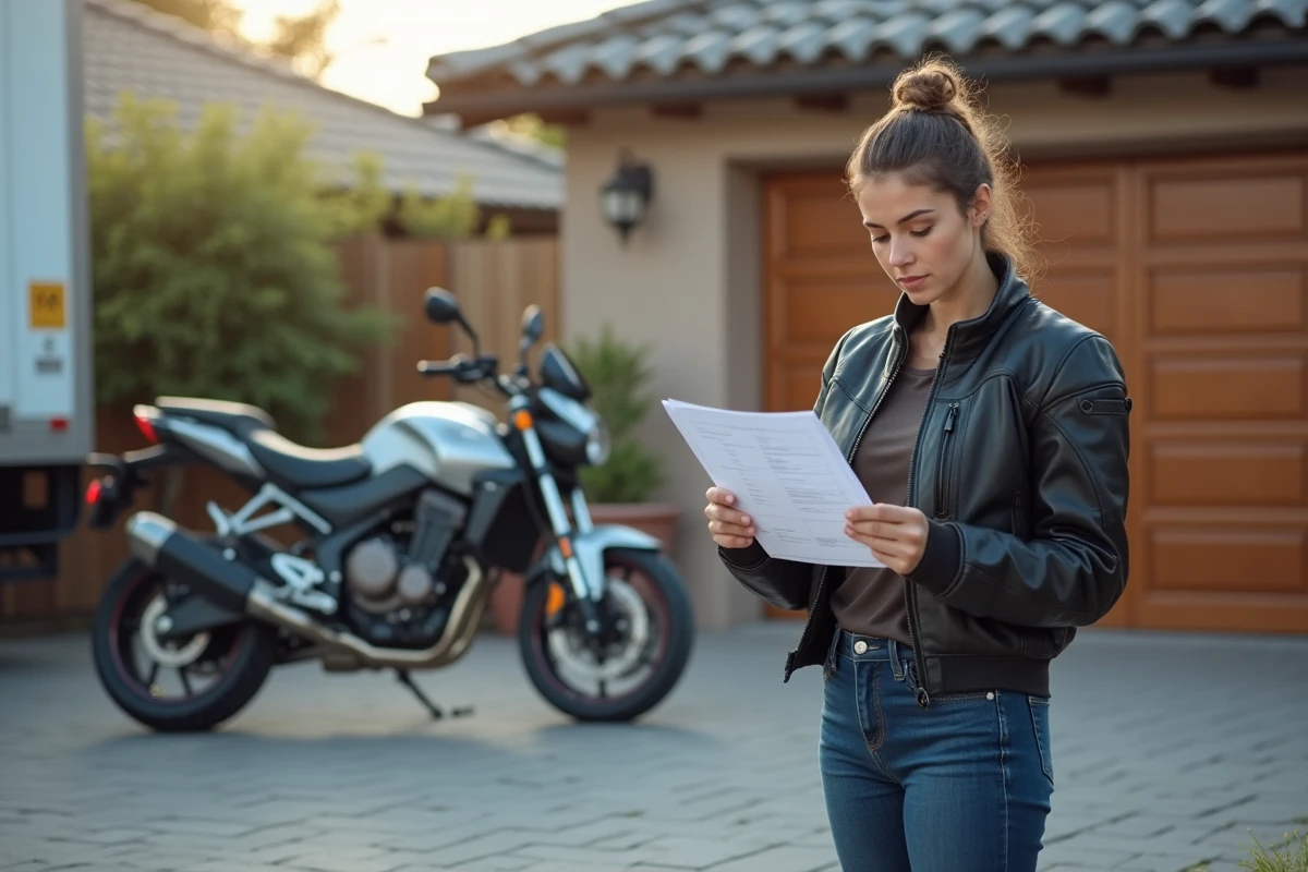 Femme vérifiant une checklist devant un camion de déménagement et une moto