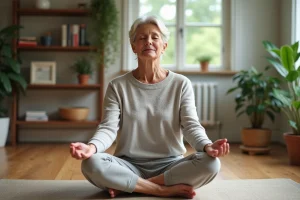 Femme d'âge moyen pratiquant la respiration profonde à la maison