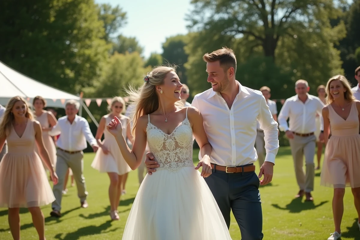 Couple de mariés menant un flashmob en plein air