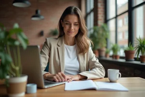 Freelance femme travaillant sur ordinateur portable dans un espace de co-working moderne avec ambiance chaleureuse