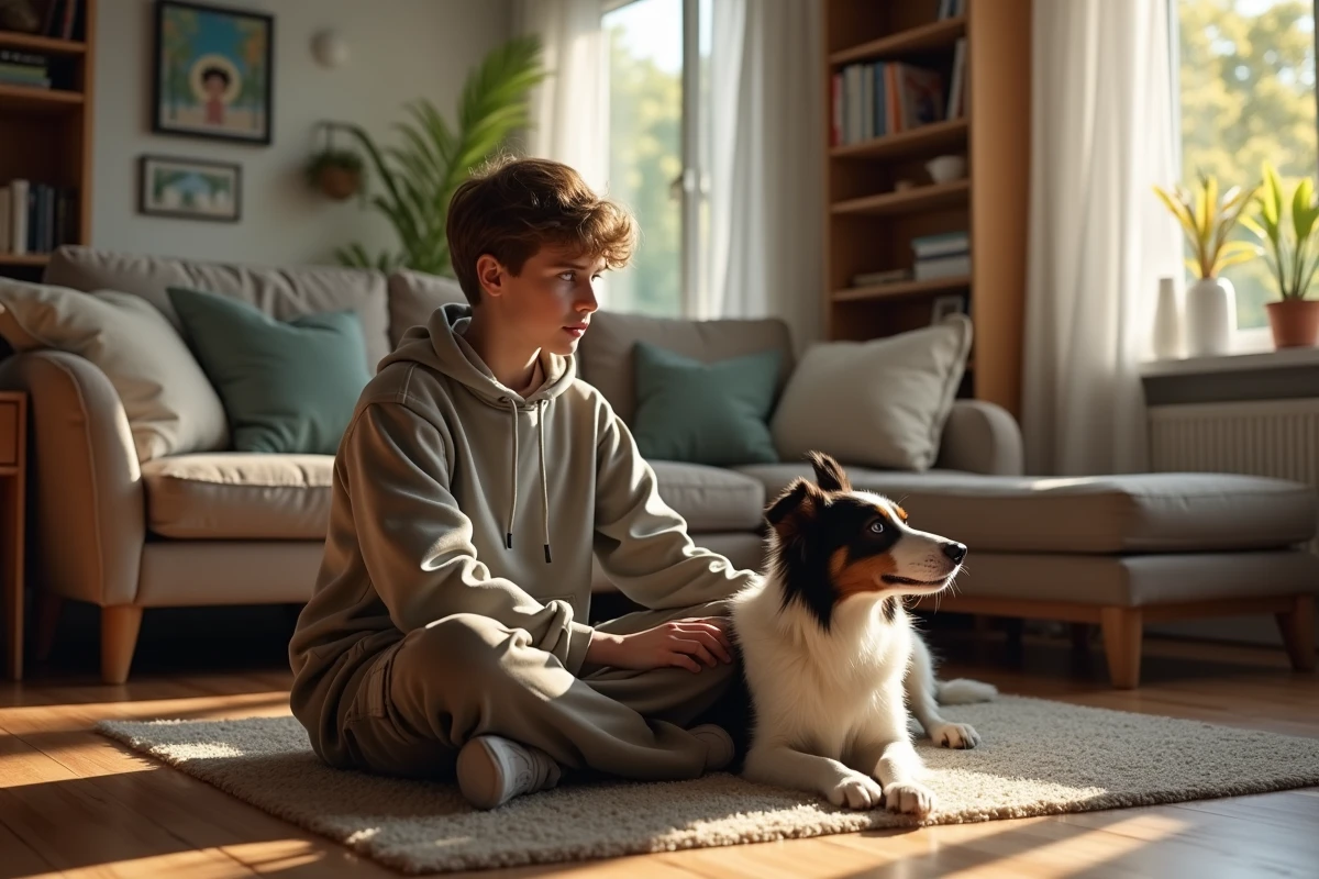 Adolescent qui brosse un border collie dans le salon