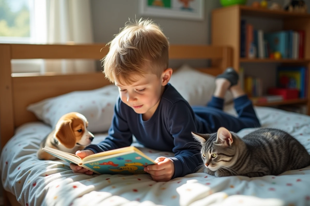 Garçon lisant avec chien et chat dans une chambre ensoleillee